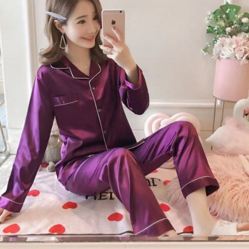 Plain Silk Pajama Long Sleeve Cardigan Lapel Collar Nightwear - Purple |image