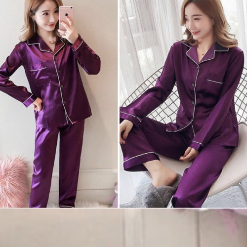 Plain Silk Pajama Long Sleeve Cardigan Lapel Collar Nightwear - Purple |image