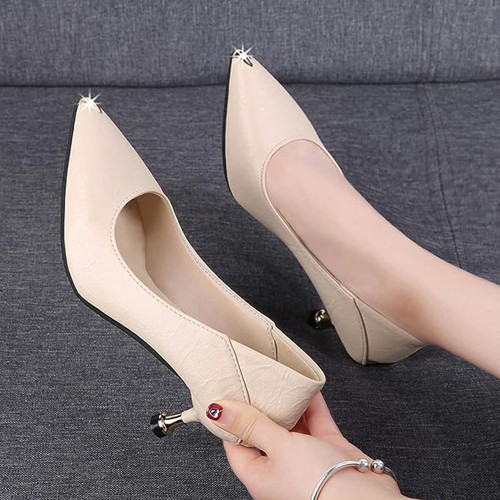 Genuine Soft Pointy Toed High Heeled Pumps Women Shoes - Cream |image
