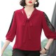 Korean Style V Neck Lace Bottoming Sleeve Loose Bowknot Women Tops - Red |image