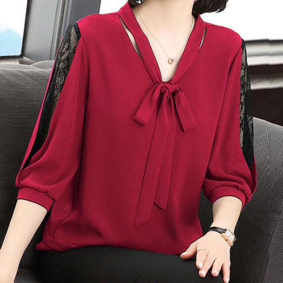 Showing images for Korean Style V Neck Lace Bottoming Sleeve Loose Bowknot Women Tops - Red Korean Style V Neck Lace Bottoming Sleeve Loose Bowknot Women Tops - Red |image