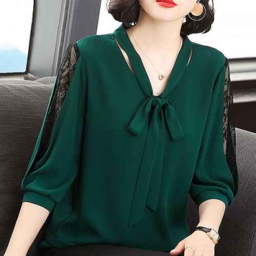 Korean Style V Neck Lace Bottoming Sleeve Loose Bowknot Women Tops - Green |image