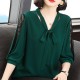 Korean Style V Neck Lace Bottoming Sleeve Loose Bowknot Women Tops - Green |image
