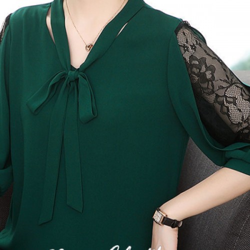 Korean Style V Neck Lace Bottoming Sleeve Loose Bowknot Women Tops - Green |image