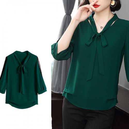 Korean Style V Neck Lace Bottoming Sleeve Loose Bowknot Women Tops - Green |image