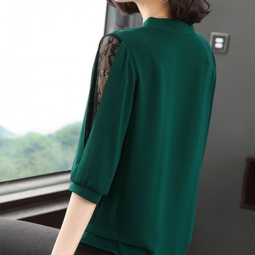 Korean Style V Neck Lace Bottoming Sleeve Loose Bowknot Women Tops - Green |image