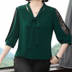 Korean Style V Neck Lace Bottoming Sleeve Loose Bowknot Women Tops - Green