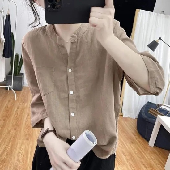 Retro Style Loose Type Cardigan V Neck Women Tops - Brown |image