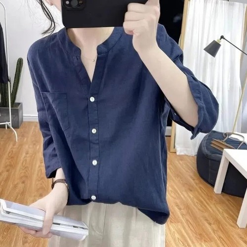 Retro Style Loose Type Cardigan V Neck Women Tops - Blue |image