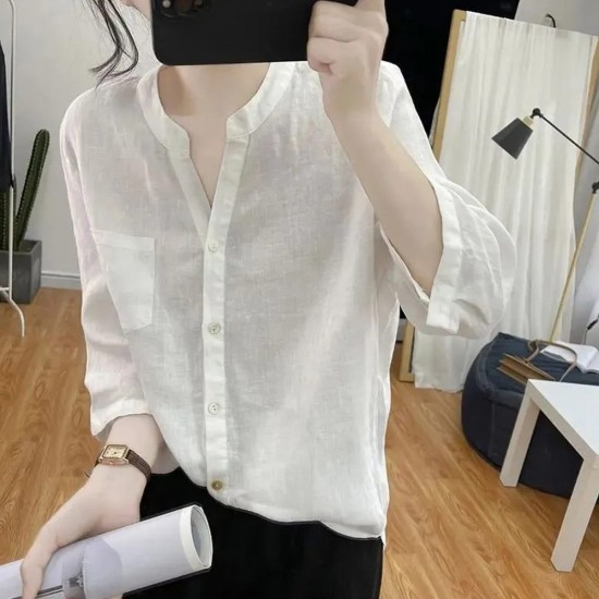 Retro Style Loose Type Cardigan V Neck Women Tops - White |image