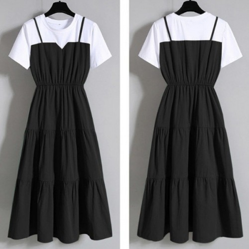 Two Piece Suspenders Patchwork Women Midi Dress - Black |image