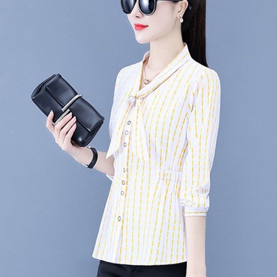Trendy Stripes Button Up Bow-neck Ribbon Knotted Women Tops - Yellow |image