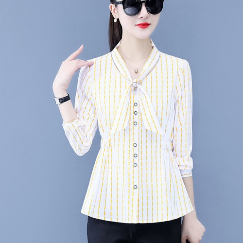 Trendy Stripes Button Up Bow-neck Ribbon Knotted Women Tops - Yellow |image