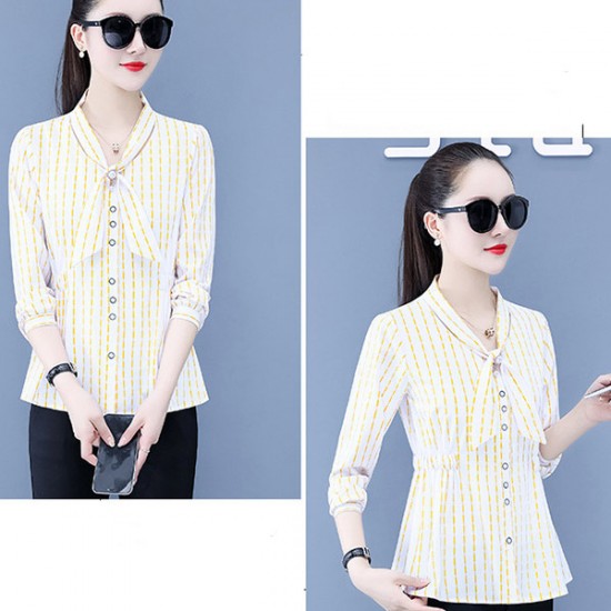 Trendy Stripes Button Up Bow-neck Ribbon Knotted Women Tops - Yellow |image