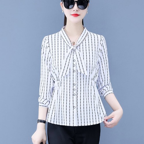 Trendy Stripes Button Up Bow-neck Ribbon Knotted Women Tops - White |image