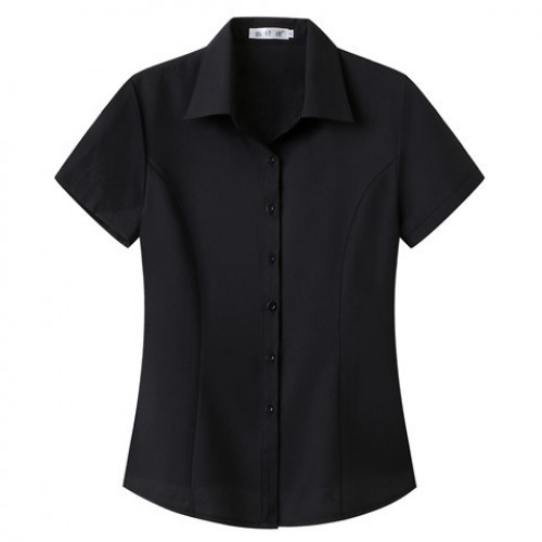 Solid Color Lapel Collar Button Down Short Sleeve Women Tops - Black |image