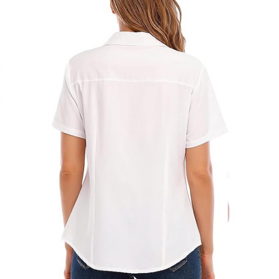 Solid Color Lapel Collar Button Down Short Sleeve Women Tops - White |image