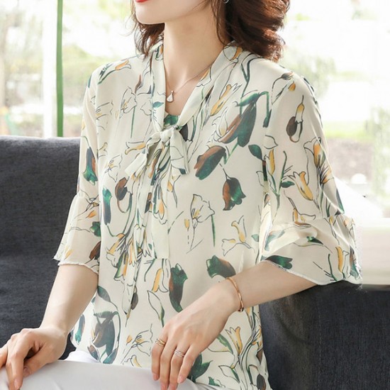 Leisure Fashion Floral Bow V-neck Flare Sleeve Blouse Women Shirt - Cream |image