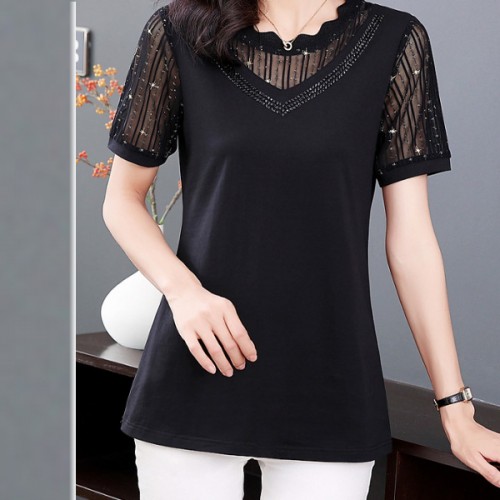 Sweet Style Mesh Short Sleeve Diamond Women Tops - Black |image
