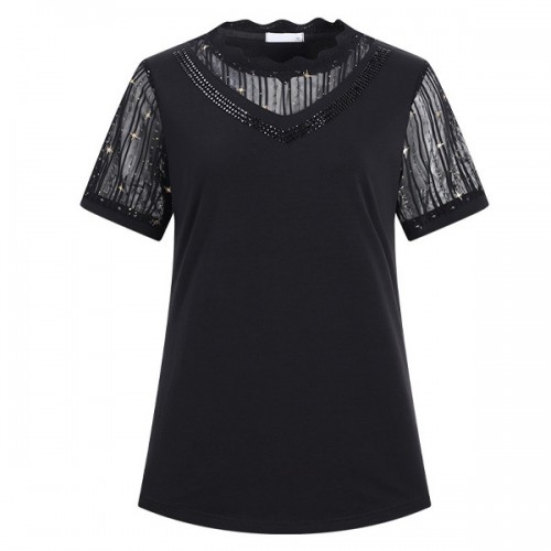Sweet Style Mesh Short Sleeve Diamond Women Tops - Black |image