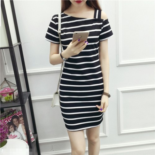 Slim Design Delicate Stripe Printed Pullover Off-shoulder Mini Dress - Black |image