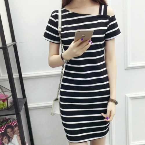 Slim Design Delicate Stripe Printed Pullover Off-shoulder Mini Dress - Black |image