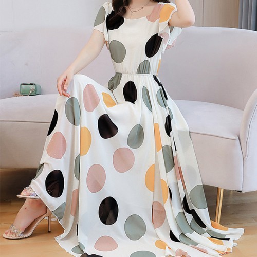 Slim Fit Polka Dot Square Neck Party Wear Maxi Long Dress - Cream |image