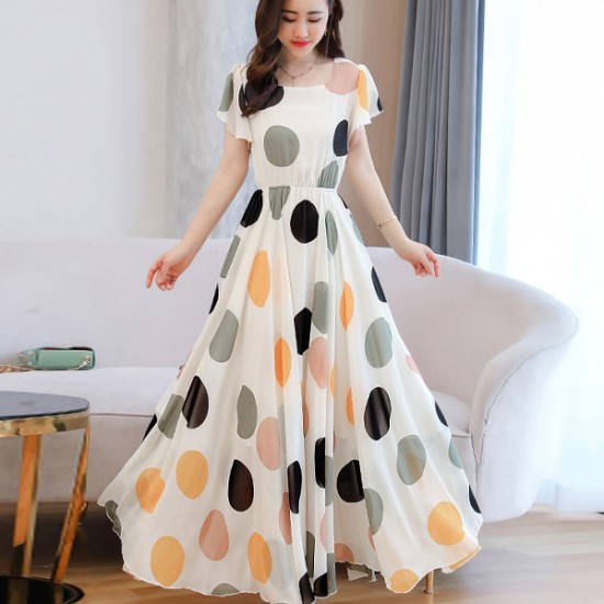 Slim Fit Polka Dot Square Neck Party Wear Maxi Long Dress - Cream |image