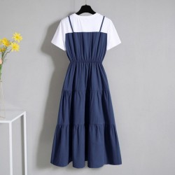 Two Piece Suspenders Patchwork Women Midi Dress - Blue