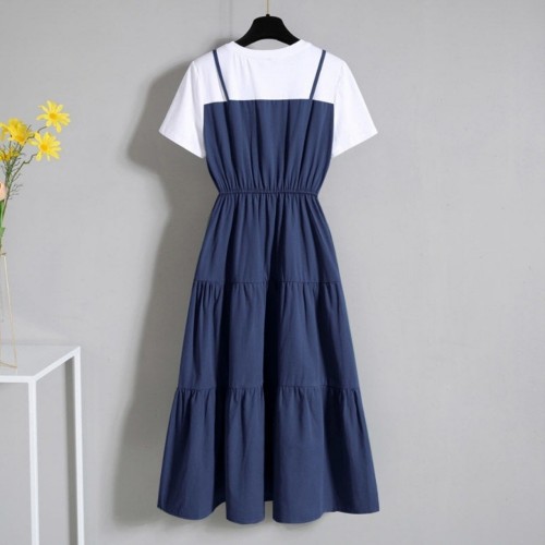 Two Piece Suspenders Patchwork Women Midi Dress - Blue |image