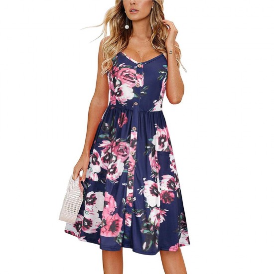 show image for V Neck Sleeveless Big Hem Florals Print Sling Women Midi Dress - blue Big Hem Florals Print Sling Women Midi Dress - Blue |image