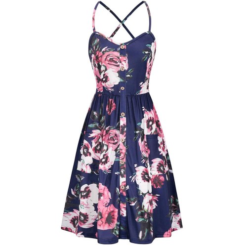 Big Hem Florals Print Sling Women Midi Dress - Blue |image