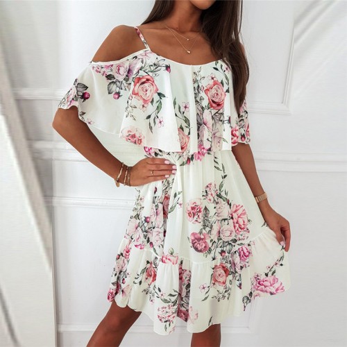 Off Shoulder Floral Printed Ruffle Spaghetti Strap Midi Dress - White |image