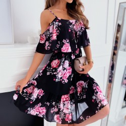 Off Shoulder Floral Printed Ruffle Spaghetti Strap Midi Dress - Black