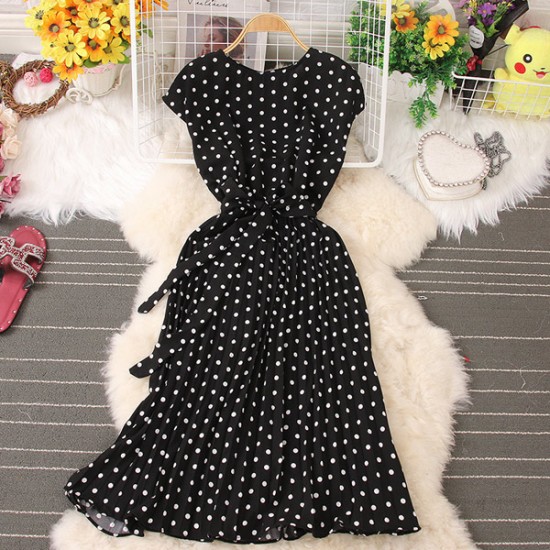  Polka Dot Sleeveless High Waist Bandage Midi Dress - Black |image