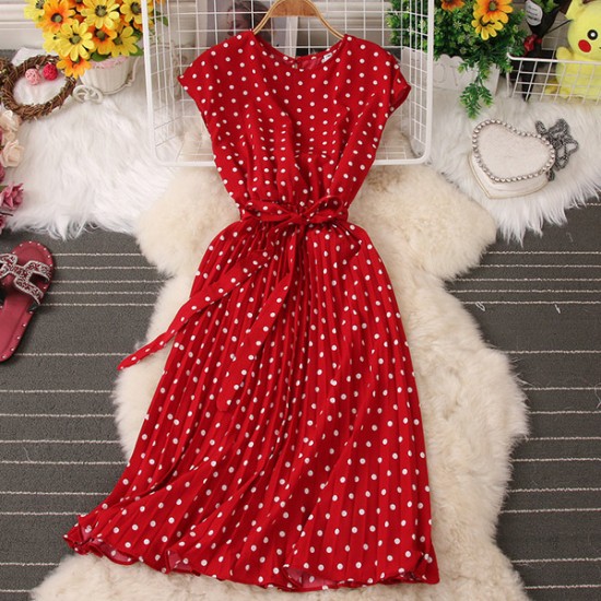  Polka Dot Sleeveless High Waist Bandage Midi Dress - Red |image