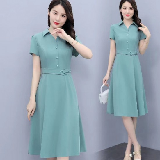 Elegant Style High Waist Short Sleeve Front Buttons Midi Dress - Green |image