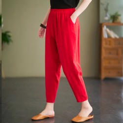 Trendy Side Pockets Loose Fit Harem Wide Leg Elastic Trouser Pants - Red
