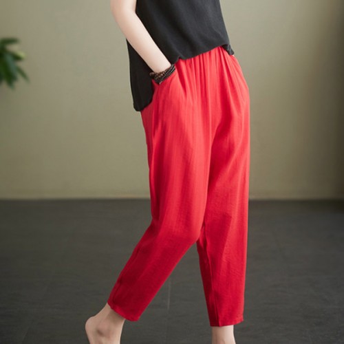 Trendy Side Pockets Loose Fit Harem Wide Leg Elastic Trouser Pants - Red |image