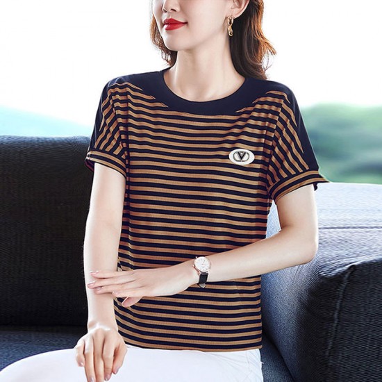 Women Short-Sleeve Horizontal Striped T-Shirt - Brown|image