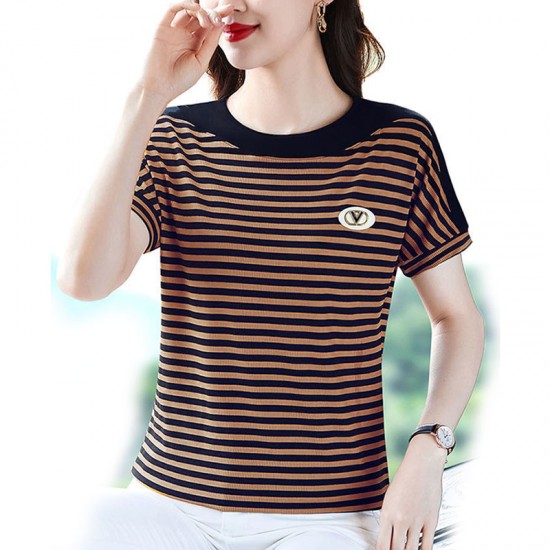 Women Short-Sleeve Horizontal Striped T-Shirt - Brown|image