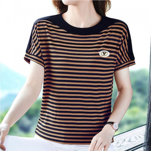 Women Short-Sleeve Horizontal Striped T-Shirt - Brown|image