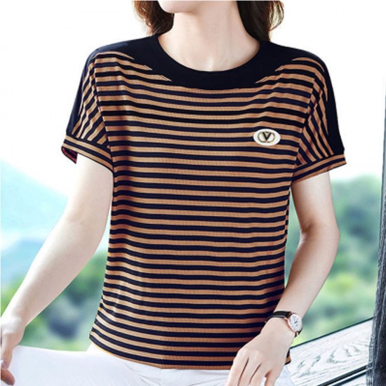 Women Short-Sleeve Horizontal Striped T-Shirt - Brown|image