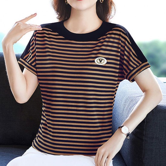 Women Short-Sleeve Horizontal Striped T-Shirt - Brown|image