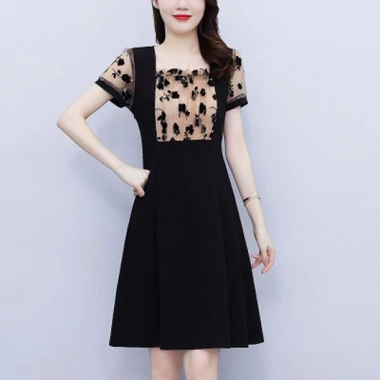 show image for Sleek Black Dress with Floral Lace Accent Sleek Black Dress with Floral Lace Accent |image