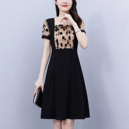 Sleek Black Dress with Floral Lace Accent |image