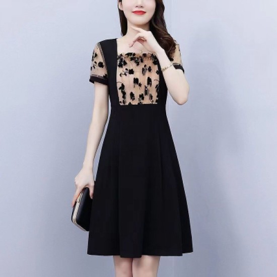 show image for Sleek Black Dress with Floral Lace Accent Sleek Black Dress with Floral Lace Accent |image