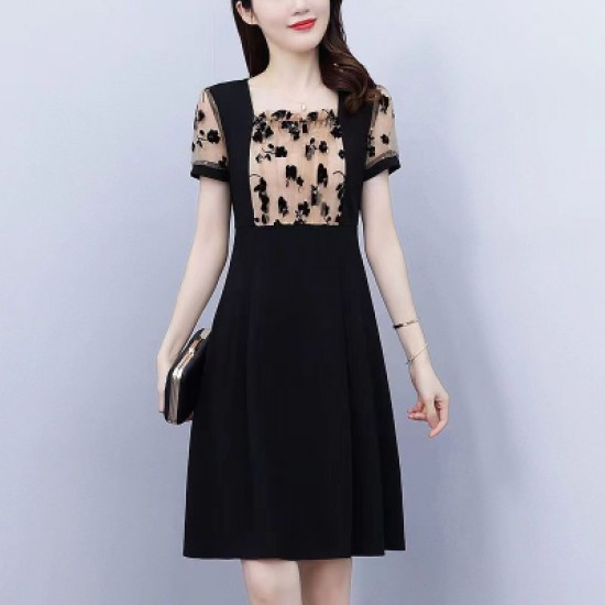 show image for Sleek Black Dress with Floral Lace Accent Sleek Black Dress with Floral Lace Accent |image