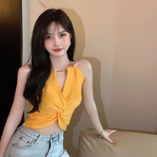 Beautiful Backless Shoulder Versatile Sexy Navel Exposed Shirt - Yellow |image