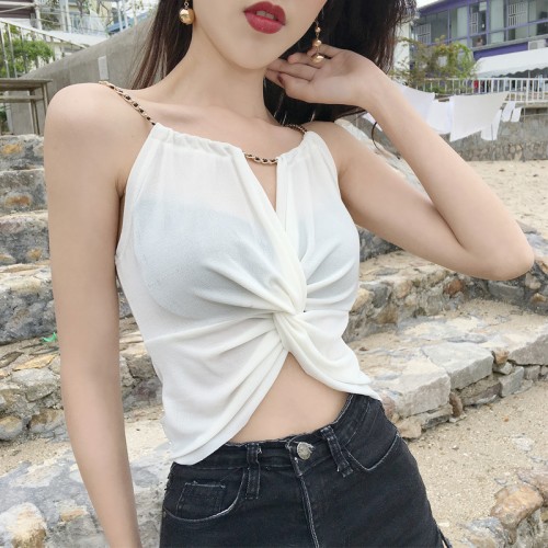 Beautiful Backless Shoulder Versatile Sexy Navel Exposed Shirt - White |image